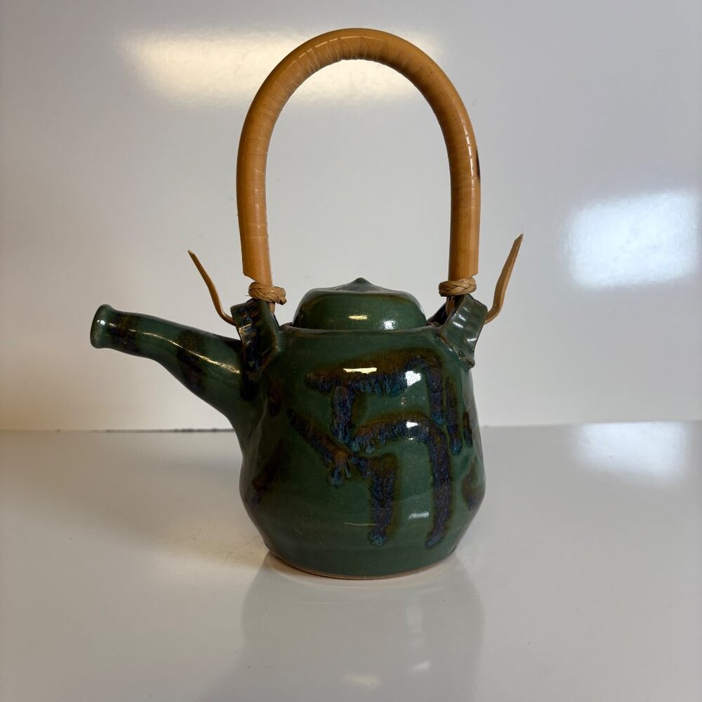 Handcrafted Green Pottery Teapot Rattan Handle Artisan-Made Signed